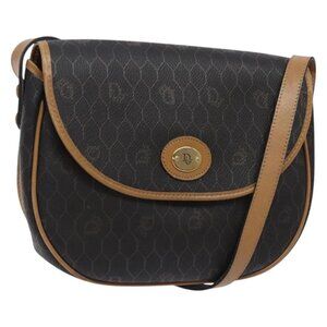 Christian Dior Honeycomb Canvas Shoulder Bag PVC Black Gold Auth yk18869